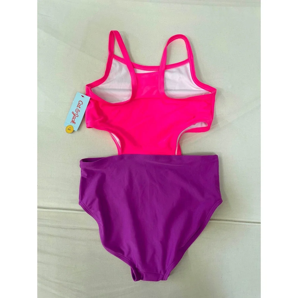 Cat & Jack Girls Cutout One-Piece Swimsuit Pink Purple XL 14 NWT